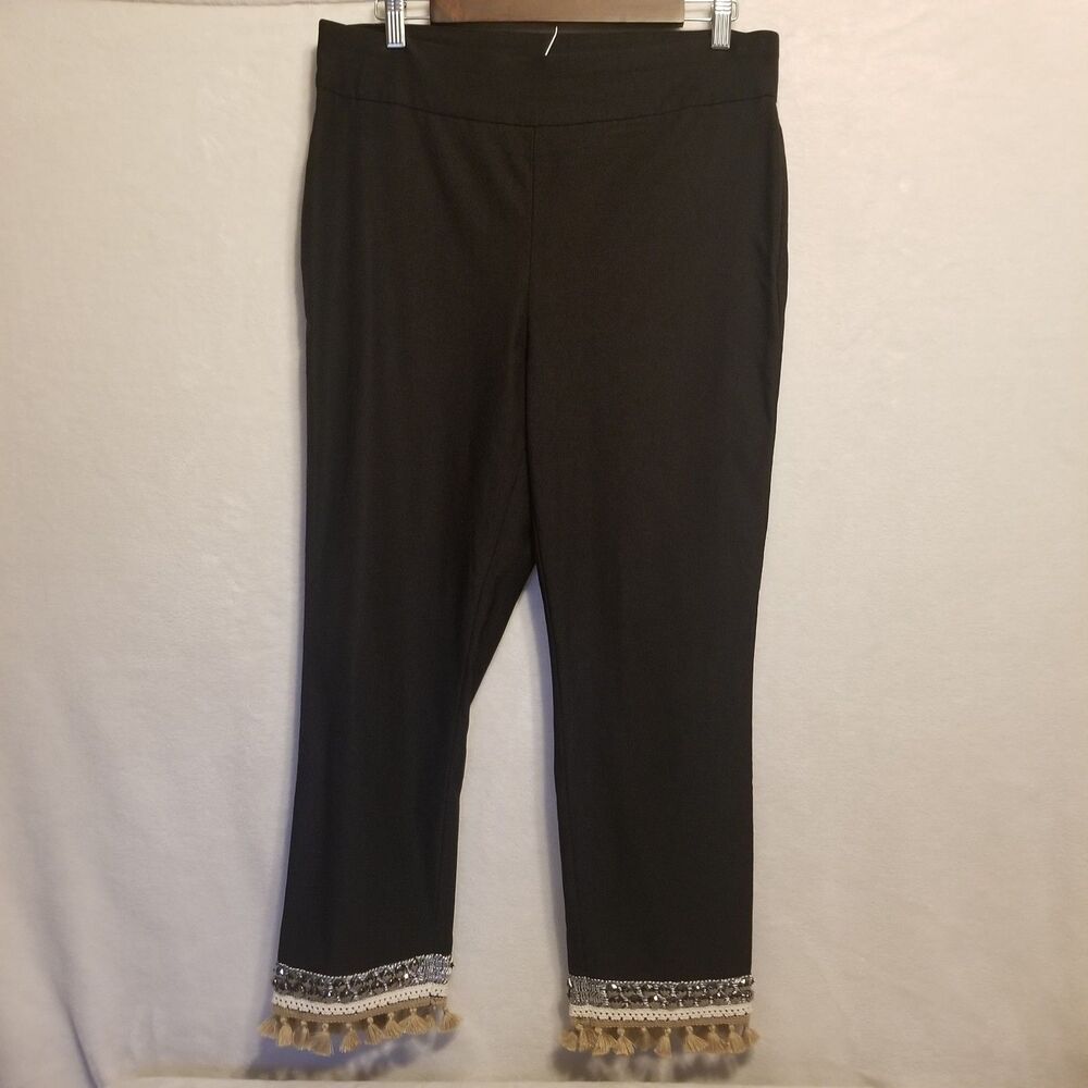 Chicos 1.5 (10) Pants Capri So Slimming Black Cropped Tassel Boho Festival